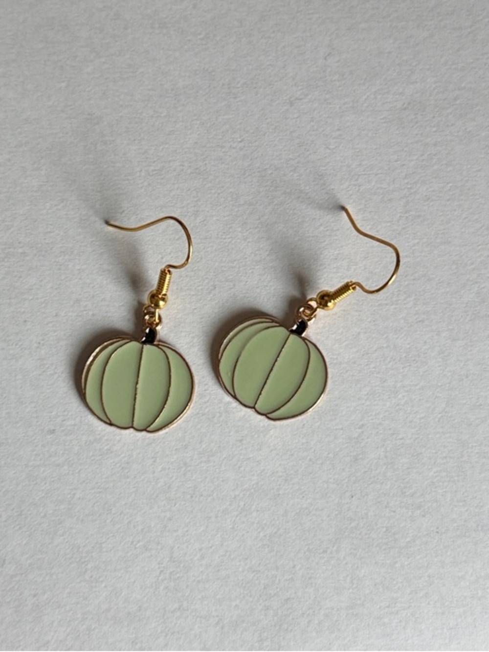 Gold-Tone Light Green Enamel Pumpkin Drop Earrings
